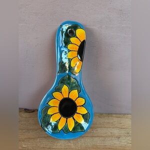 Mexican Talavera Blue Sunflower Spoon Rest